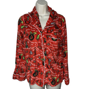 The Grinch Pajama Top Women’s Medium Red Long Sleeve Fleece Button Christmas